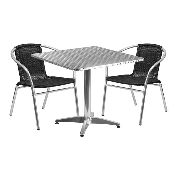 Square Table Set, 31.5 W, 31.5 L, 27.5 H, Aluminum, Plastic, Rattan, Stainless Steel Top, Grey