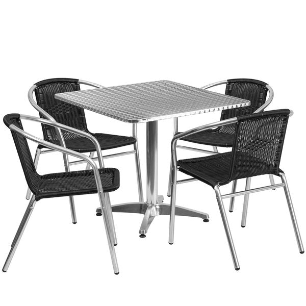 Square Table Set, 31.5 W, 31.5 L, 27.5 H, Aluminum, Plastic, Rattan, Stainless Steel Top, Grey
