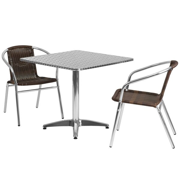 Square Table Set, 31.5 W, 31.5 L, 27.5 H, Aluminum, Plastic, Rattan, Stainless Steel Top, Grey