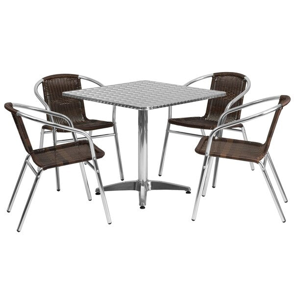 Square Table Set, 31.5 W, 31.5 L, 27.5 H, Aluminum, Plastic, Rattan, Stainless Steel Top, Grey