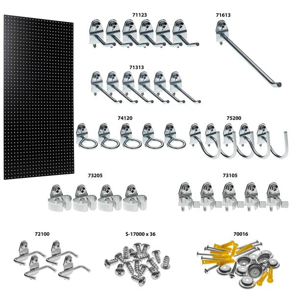 24 In. W x 48 In. H x 1/4 In. D Black Heavy-Duty HDF Round Hole Pegboard 36 pc. Locking Hook Assortment
