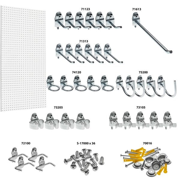 24 In. W x 48 In. H x 1/4 In. D White Heavy-Duty HDF Round Hole Pegboard 36 pc. Locking Hook Assortment