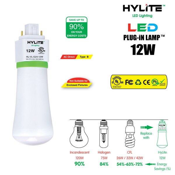 LED Repl Lamp for 32W/42W PL CFL, 12W, 1248 Lumens, 5000K, 10-Pack