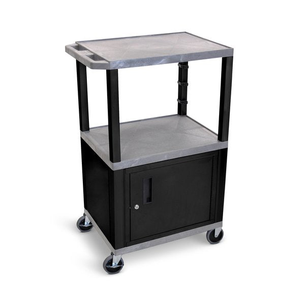 AV Cart with 3 Shelves, Cabinet and Black Legs, 42
