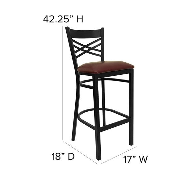 Restaurant Stool, X Back, Burgundy Seat