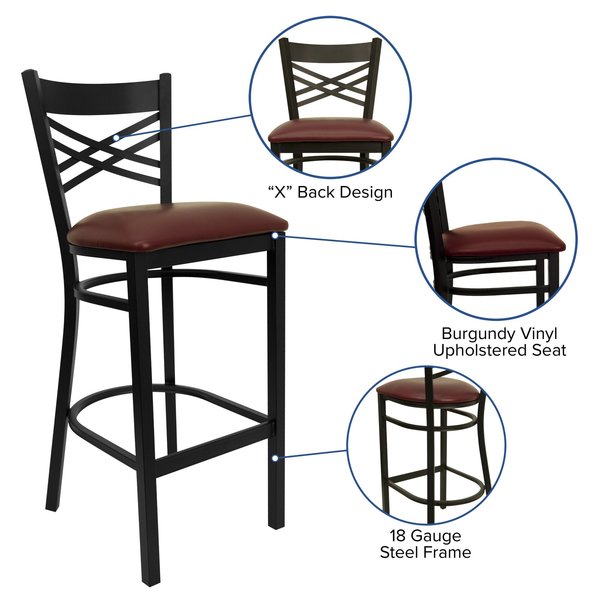 Restaurant Stool, X Back, Burgundy Seat