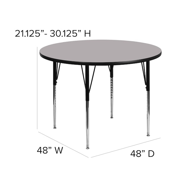 Round Activity Table, 48 X 48 X 30.125, Chrome, Laminate, Particleboard, Steel Top, Grey