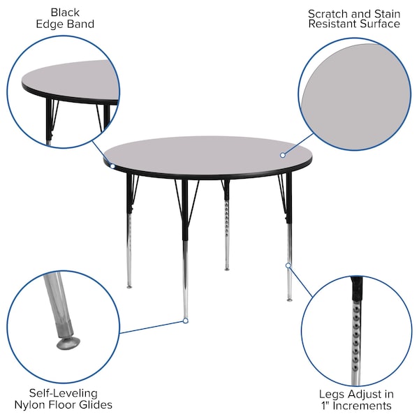 Round Activity Table, 48 X 48 X 30.125, Chrome, Laminate, Particleboard, Steel Top, Grey
