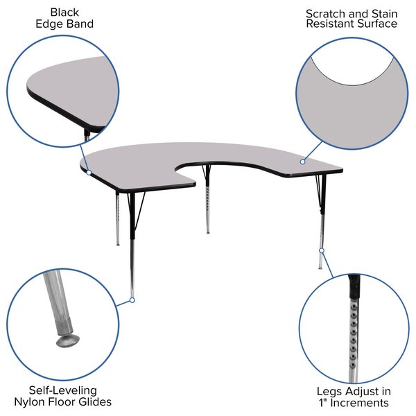 Horseshoe Activity Table, 60 X 66 X 30.125, Chrome, Laminate, Particleboard, Steel Top, Grey