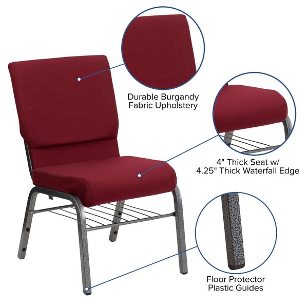 Fabric Church Chair w/Book Rack, Burgundy