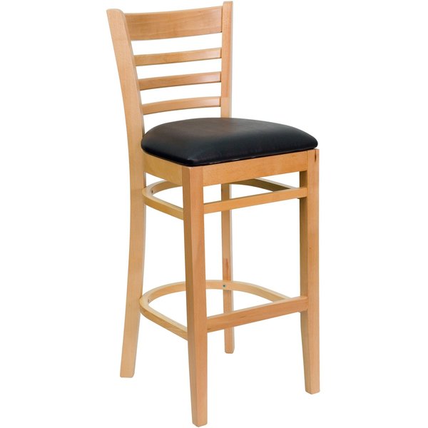 Barstool, Natural Wood, Black Vinyl Seat, Weight Capacity: 800 lb.