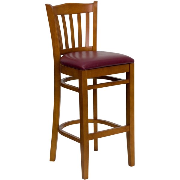 Stool, Vert Slat Bck, Chrry Wd w/Burg Vny