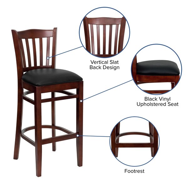 Barstool, Vert Slact Back, Mah Wd, Blk Vny