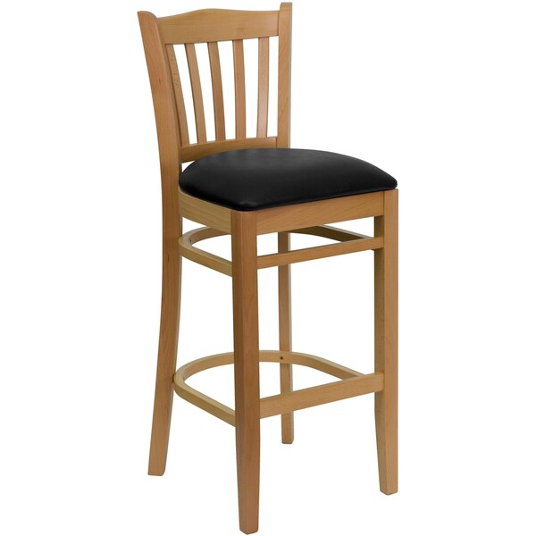 Barstool, Natural Wood, Black Vinyl Seat, Seat Height Range: 31