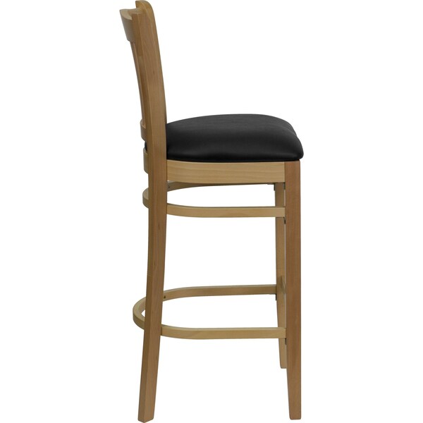 Barstool, Natural Wood, Black Vinyl Seat, Seat Height Range: 31
