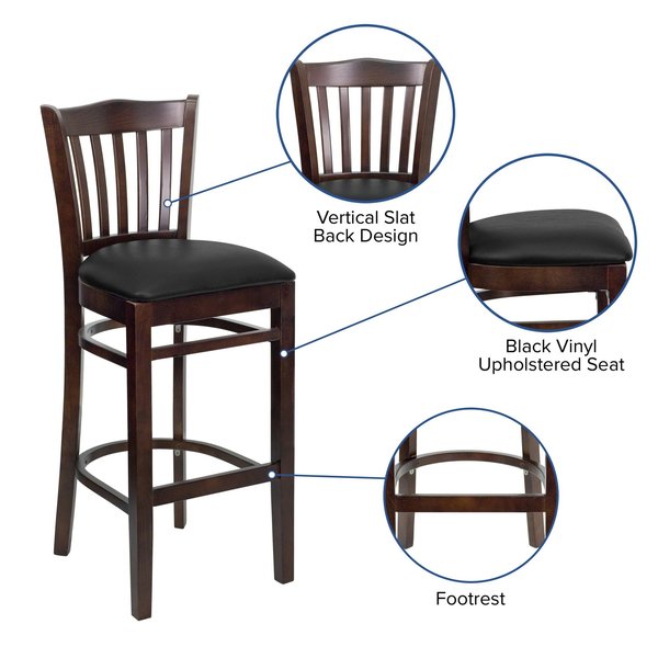 Wood Brstool, Wal, Vrtcl Slat Bck, Blk Vny