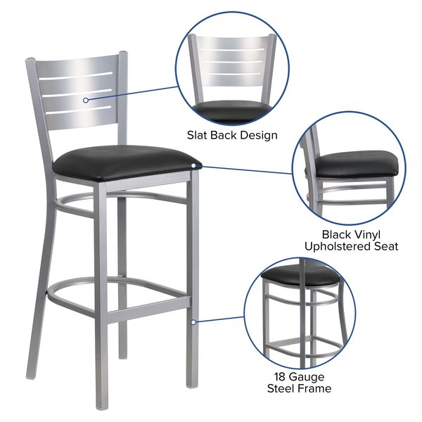 Barstool, Slat Back, Silver w/Black Seat