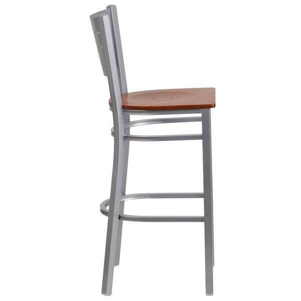 Barstool, Slat Back, Silver w/Cherry Seat