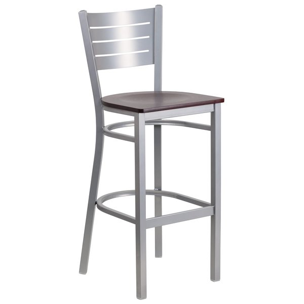 Barstool, Slat Back, Slvr w/Mahogany Seat