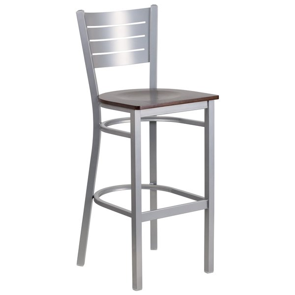 Barstool, Slat Back, Silver w/Walnut Seat