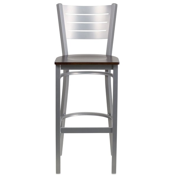 Barstool, Slat Back, Silver w/Walnut Seat