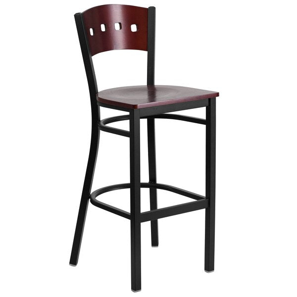Stool, 4 Sqr Back, Blk/Mahogany, Wood Seat