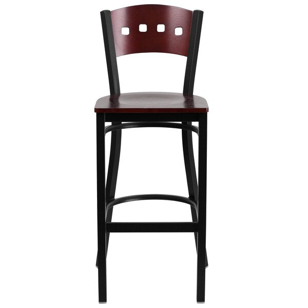 Stool, 4 Sqr Back, Blk/Mahogany, Wood Seat