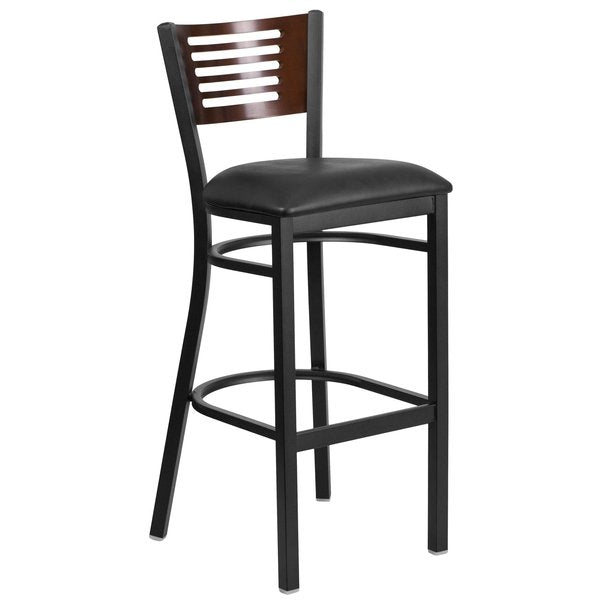 Slat Stool, Blk/Walnut, Black Vinyl Seat