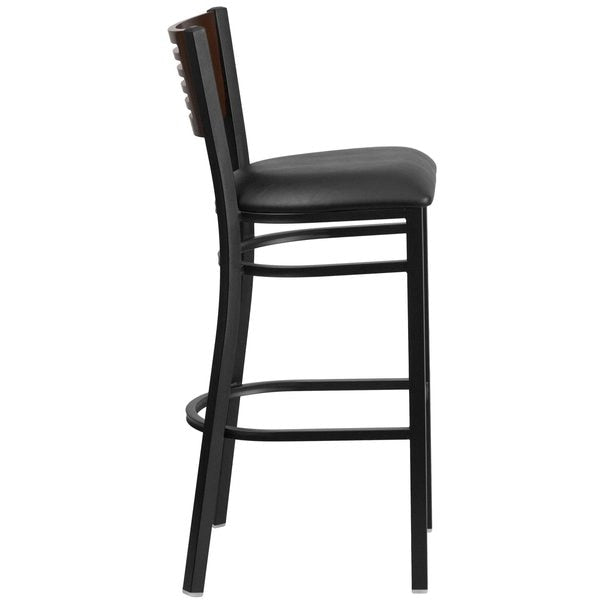Slat Stool, Blk/Walnut, Black Vinyl Seat