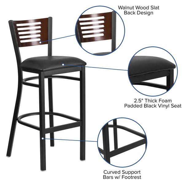 Slat Stool, Blk/Walnut, Black Vinyl Seat