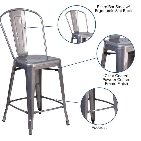 Indoor Stool w/Back, Metal, Clear Coat, 24
