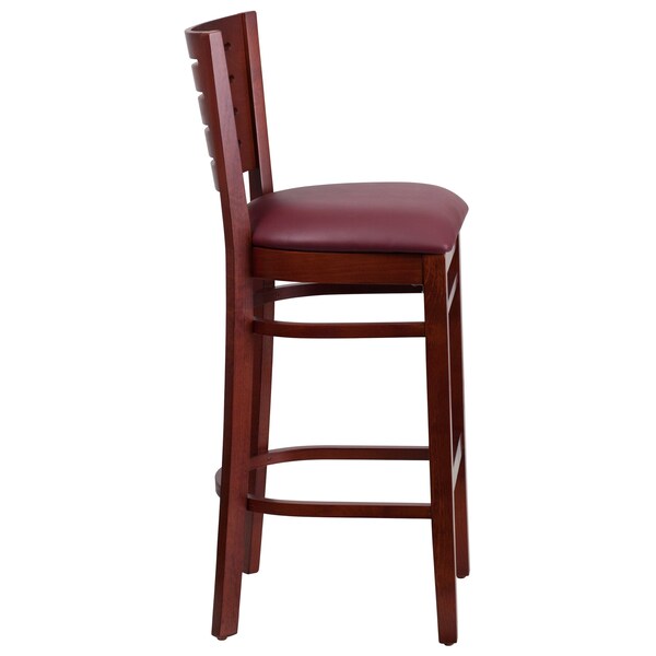 Barstool, Slat Back, Mah Wood, Burg Vinyl