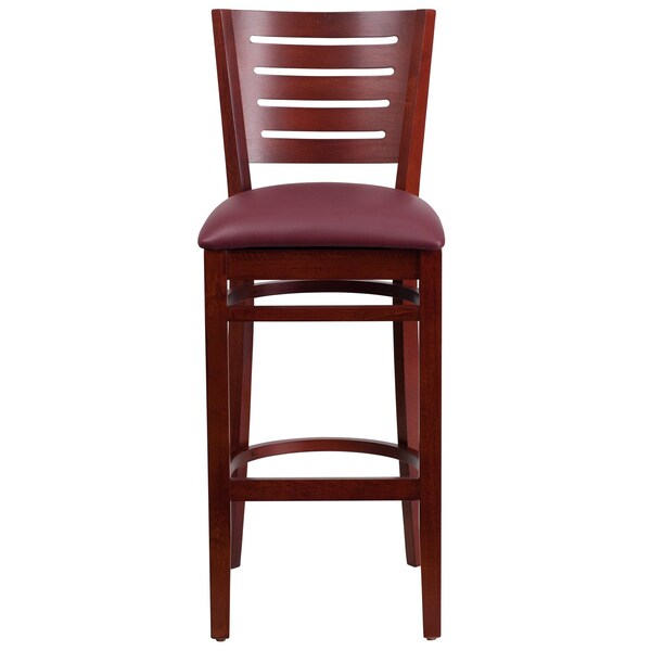 Barstool, Slat Back, Mah Wood, Burg Vinyl