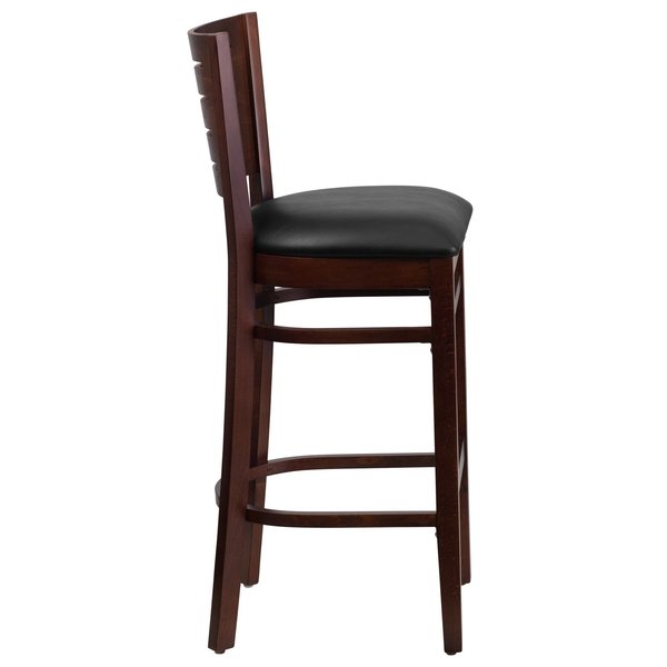 Wood Barstool, Walnut, Slat Back, Blk Viny