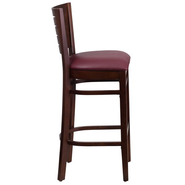 Wood Barstool, Wlnt, Slat Bck, Burgndy Vny