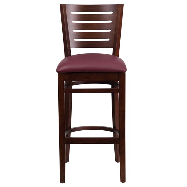 Wood Barstool, Wlnt, Slat Bck, Burgndy Vny