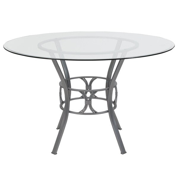 Round Dining Table, Silver Metal, Rnd Glass, 48