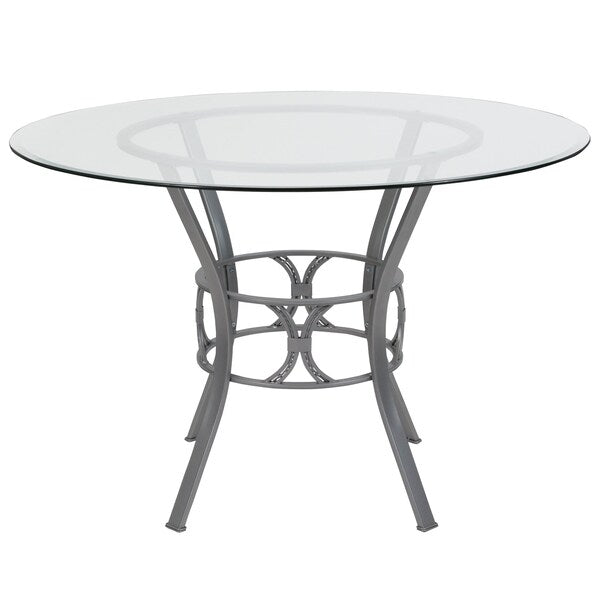 Round Dining Table, Silver Metal, Rnd Glass, 45