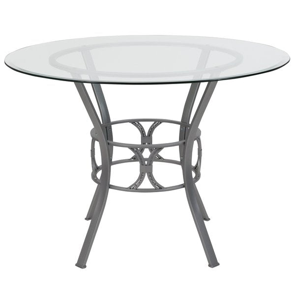Round Dining Table, Silver Metal, Rnd Glass, 42