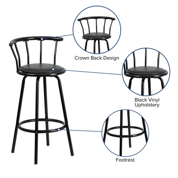 Swivel Barstool, Mtl, Crown Back, Blk Seat