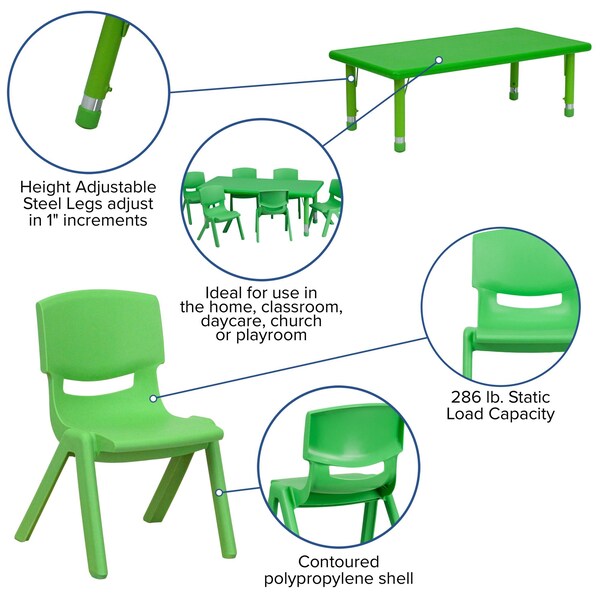 Rectangle Activity Table, 24 X 48 X 23.75, Plastic, Steel Top, Green