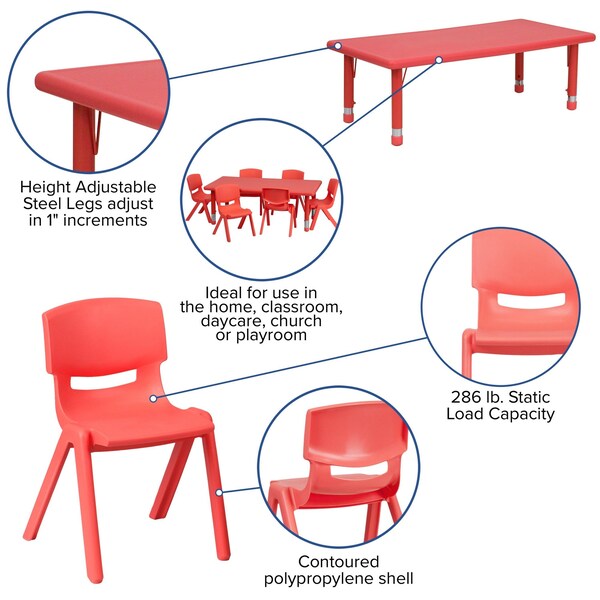 Rectangle Table Set, 24 X 48 X 23.75, Plastic, Steel Top, Red