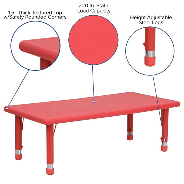 Rectangle Activity Table, 24 X 48 X 23.75, Plastic, Steel Top, Red