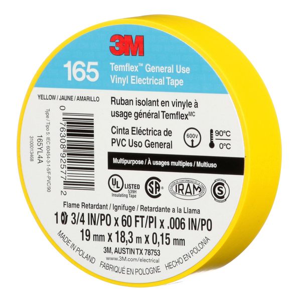 Elec Tape, 60 ft Lx3/4 in W, 6 mil, Yellow