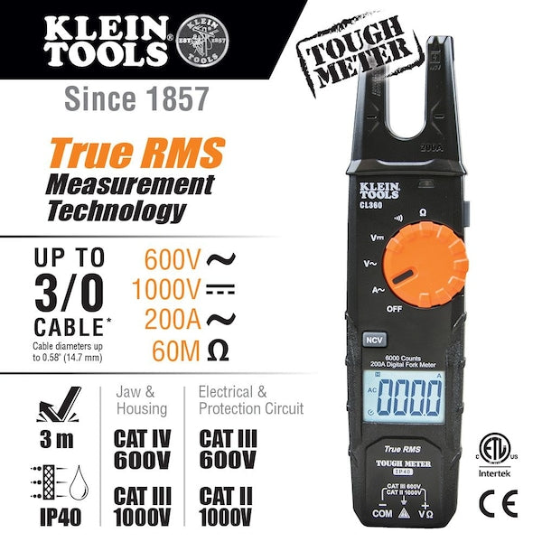 Clamp Meter, LCD, 200 A, 0.6 in (15 mm) Jaw Capacity, CAT II 1000V, CAT III 600V Safety Rating