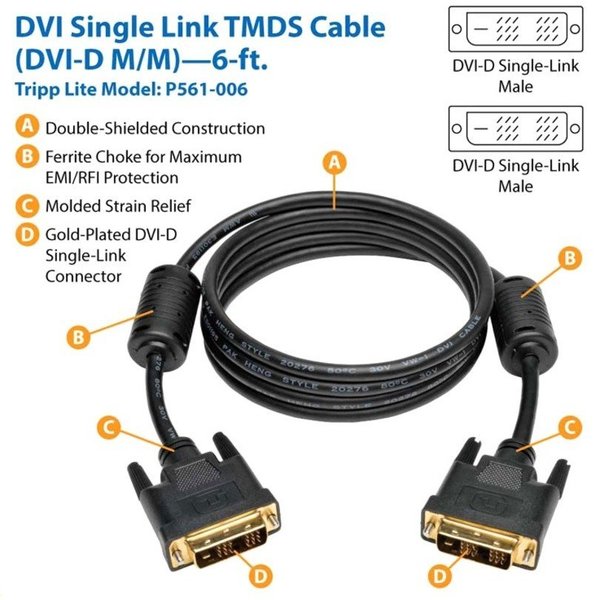 DVI Single Cable, TMDS, DVI-D M/M, 6ft, Connector Type: Male to Male