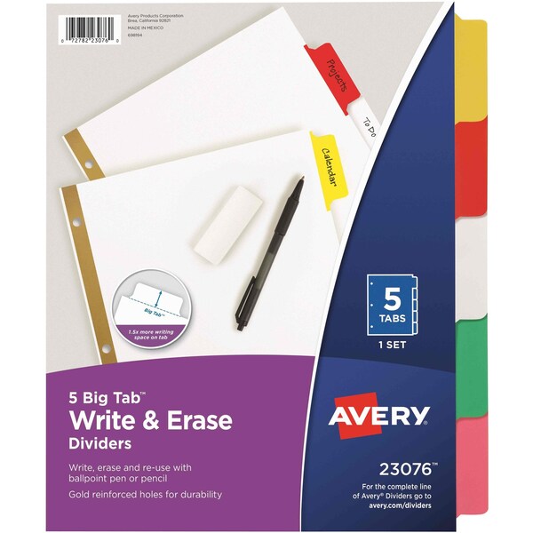 AveryÂ® Big Tabâ¢ Write & Erase Dividers 23076, 5 Multicolor Tabs, 1 Set