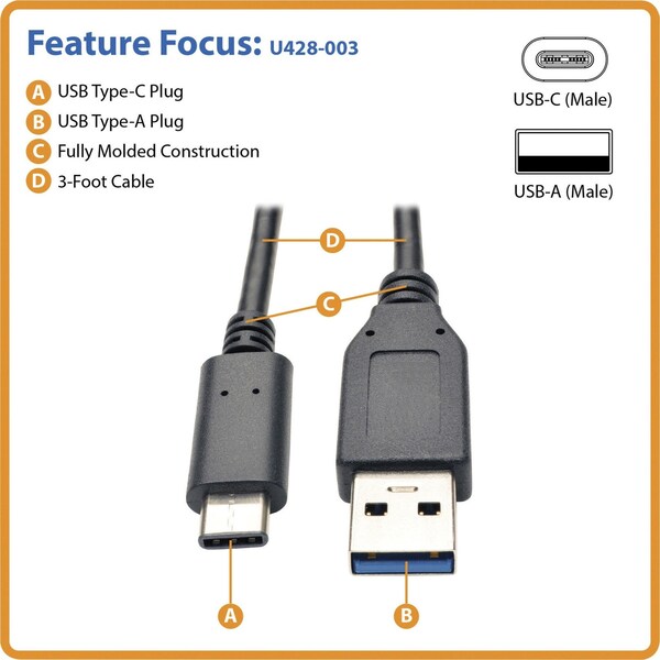 USB 3.1 Gen 1 Cable, Type C/A, M/M, 3ft