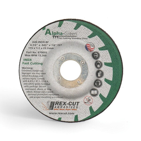 Alpha Green Cut Off Wheel 4 1/2 X .040 X 7/8 T27 Alpha Green