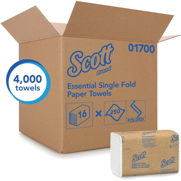 Essential Single Fold Paper Towel, 1 Ply, 250 Sheets, White, 16 PK